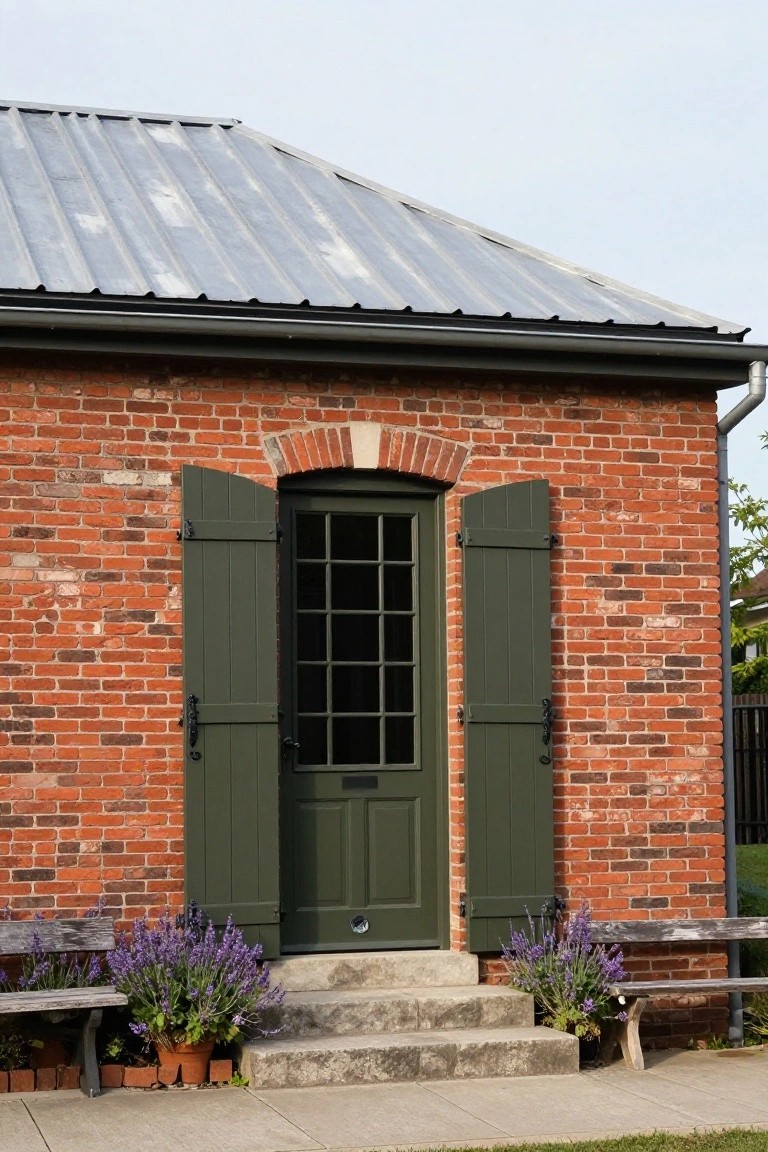 Red brick house exterior with dark green wooden shutters open on either side of a matching green door in an arched brick surround, concrete steps leading up flanked by lavender plants in pots and wooden benches, gray metal roof above.