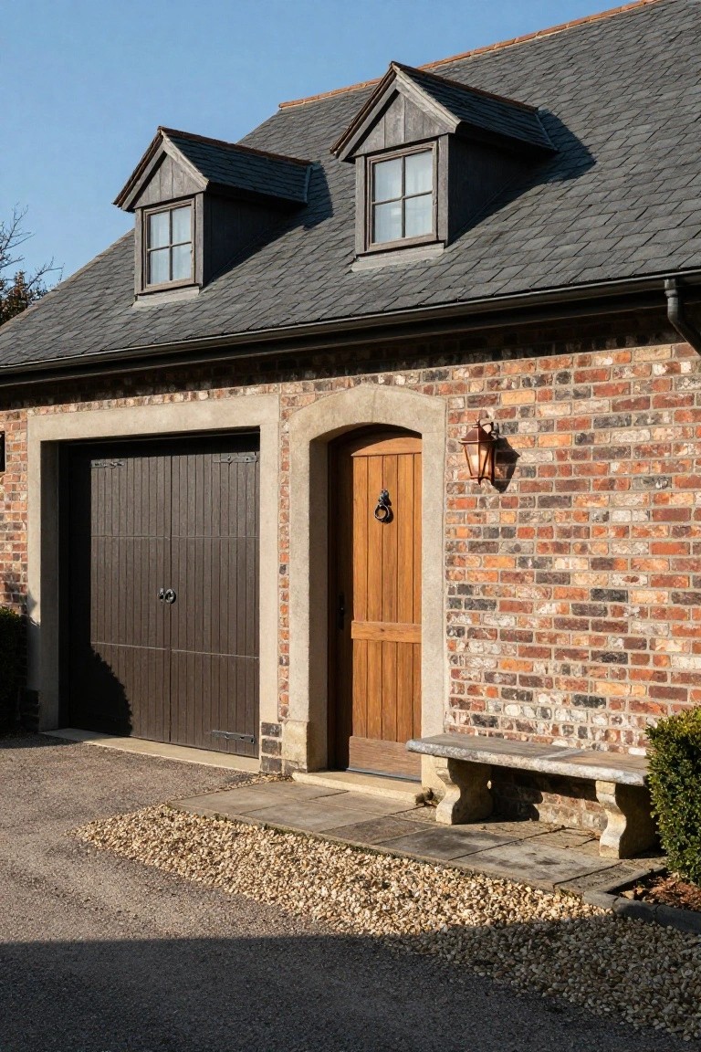 Brick house wall with dark wooden garage doors in stone frame, adjacent arched wooden entry door with iron knocker and lantern light, slate roof above, stone bench on gravel path.
