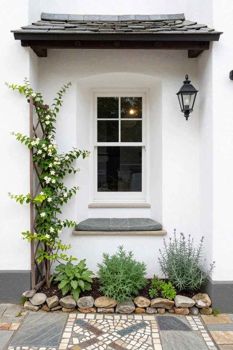 White stucco house exterior with arched window under slate-roofed wooden awning, climbing vine with white flowers on wooden trellis, black lantern light, plants in rock-bordered bed, and mosaic stone path.