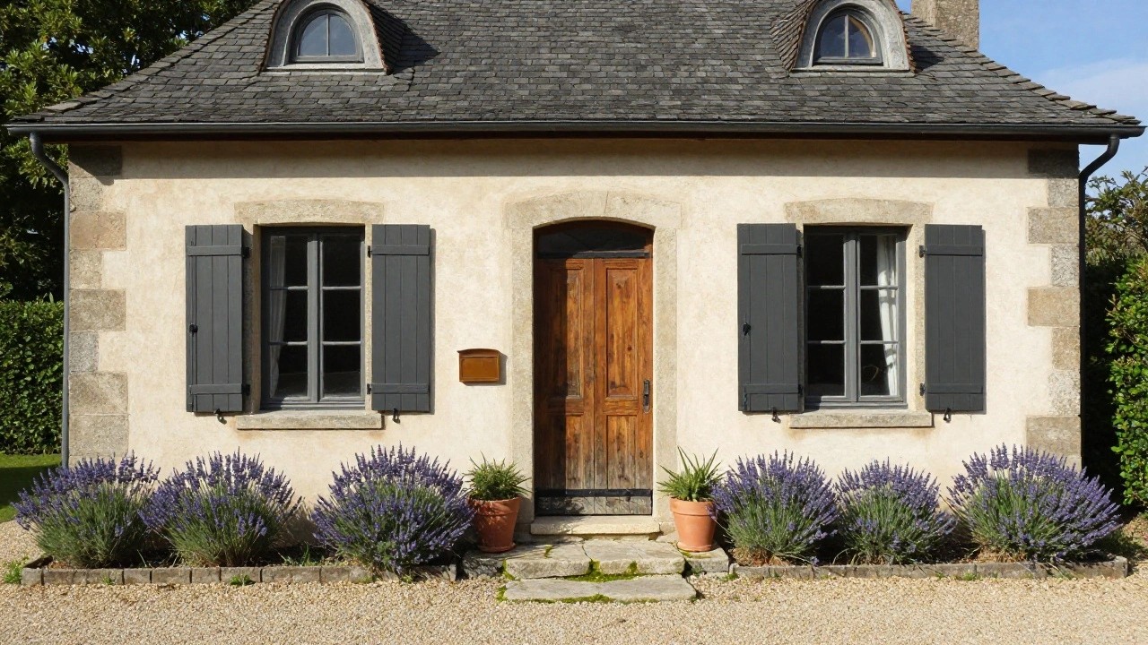 Beige stucco house exterior with black wooden shutters, arched double wooden door, copper mailbox, lavender in terracotta pots, stone steps, and gravel ground.