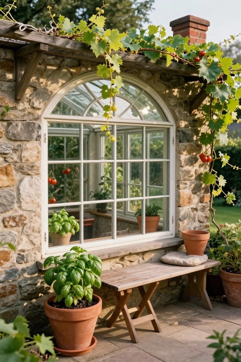 Stone wall of a house featuring an arched multi-paned greenhouse window with tomato plants inside, climbing vines on the exterior, potted basil and other plants nearby, and a wooden bench on a paved patio.