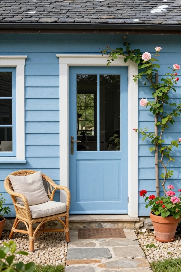 Light blue clapboard siding on a small house exterior with a matching blue glass-paneled door, climbing pink roses on a wooden post, a wicker armchair with cushions, potted red geraniums, and a stone path edged in gravel.