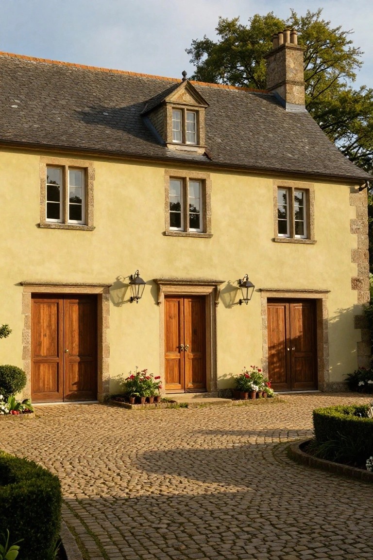 A French country house with pale yellow plaster walls, dark slate roof, stone corner accents and lintels, three sets of wooden double doors, wall-mounted lanterns, potted flowers, and a curving cobblestone driveway edged by low hedges.