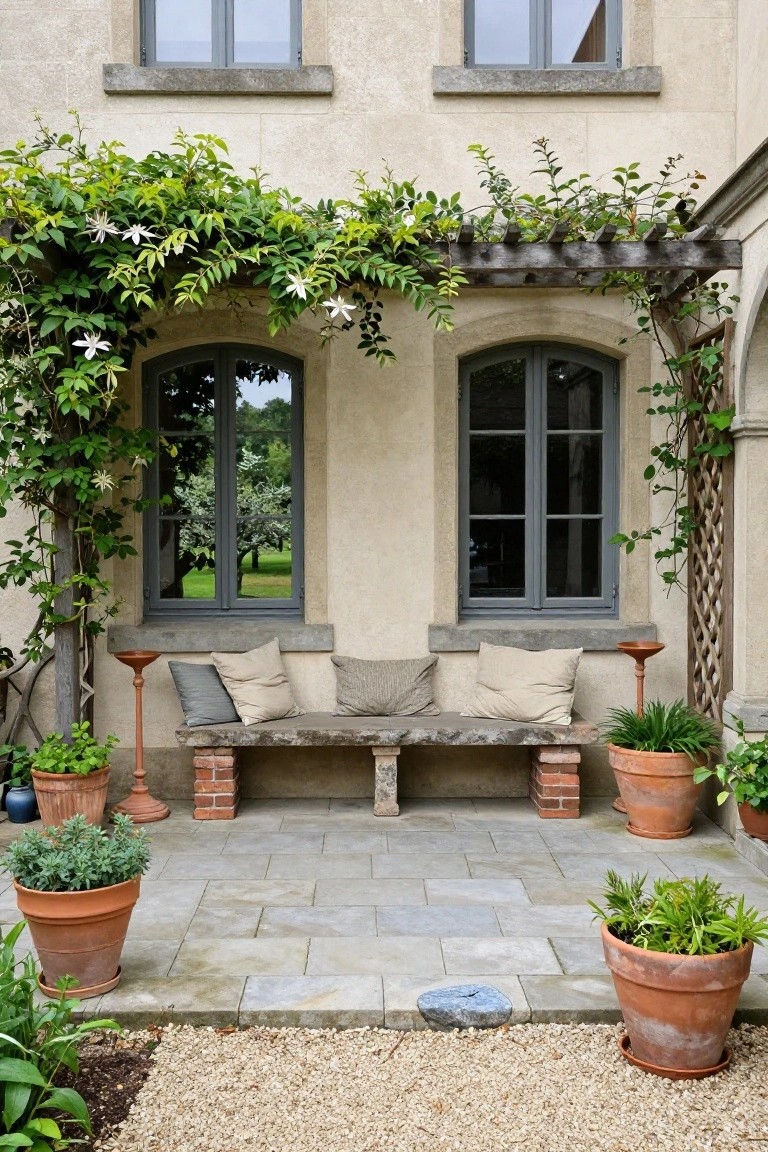 Beige stone house wall with two arched gray-framed windows, wooden pergola draped in green vines and white flowers overhead, stone bench on slate pavers in front, surrounded by terracotta pots with plants and gravel ground.