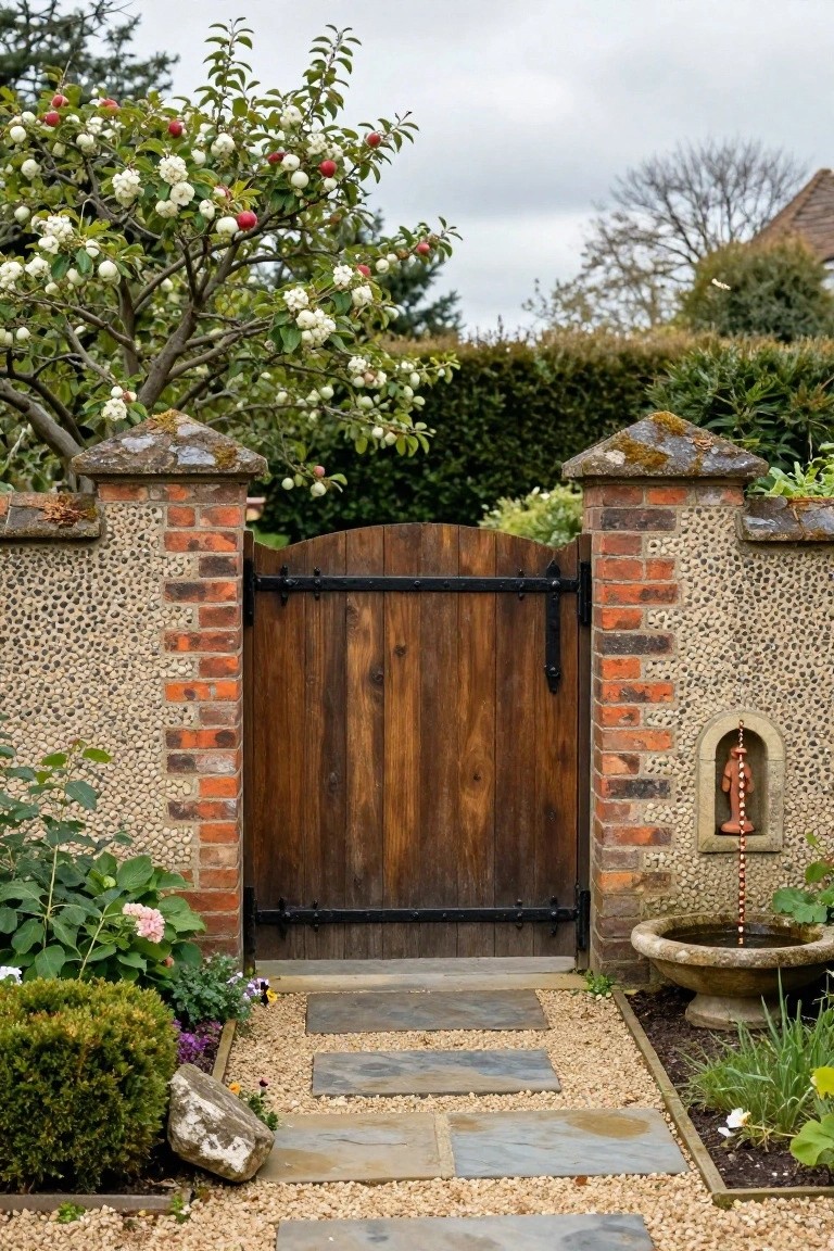 Arched wooden gate with black iron hinges set between brick piers and flint pebble walls, with garden plants, a stone fountain, and gravel path in front.