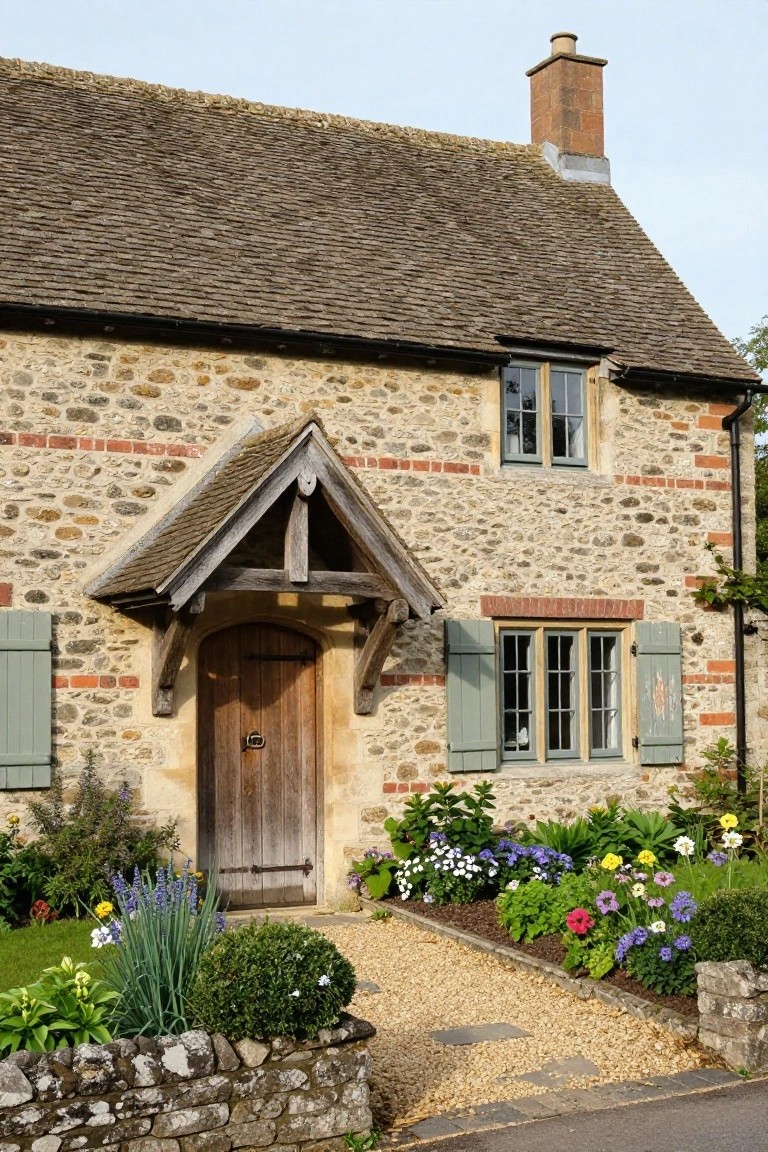A two-story stone cottage with red brick quoins and lintels, timber porch over a wooden door, green shutters on windows, and flower beds along a gravel path in front.