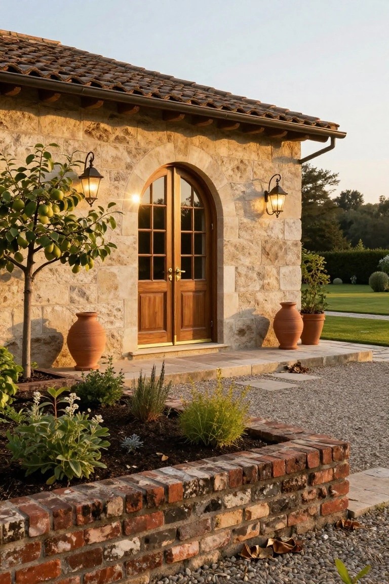 Beige stone walls frame a pair of tall arched wooden double doors on a house exterior, flanked by wrought iron lanterns, terracotta pots, plants in a brick garden bed, and gravel path at dusk.