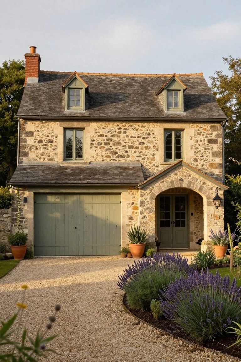 A two-story stone house with slate roof, green garage doors, arched stone entry porch with double doors, potted plants, lavender borders, and gravel driveway.