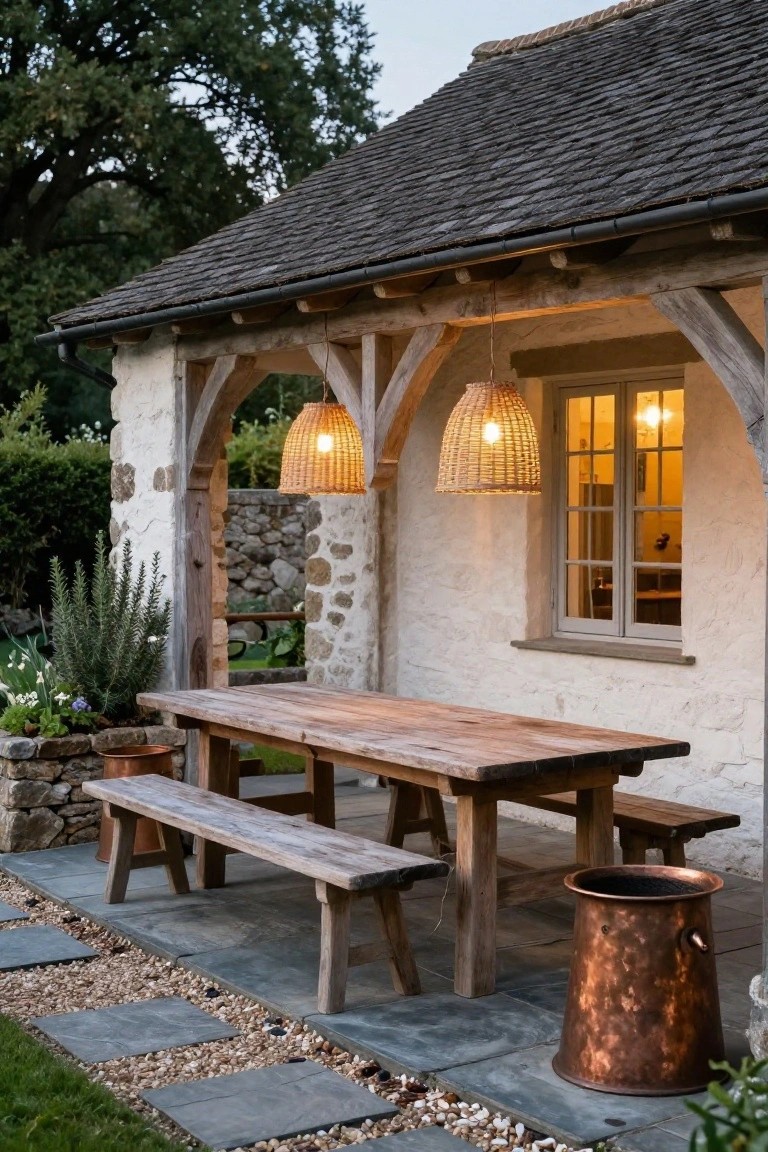 Covered porch with exposed wooden beams and hanging rattan lanterns over a rustic wooden table and benches on slate pavers, attached to white stone house wall with window and potted plants nearby.