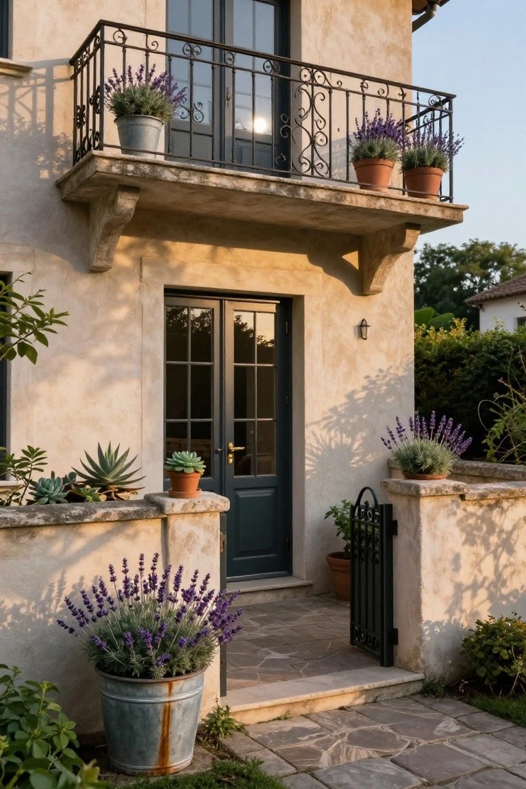 Creamy stucco house exterior with dark green double doors, multi-pane windows, wrought iron balcony with potted lavender, black iron entry gate, and additional potted plants along the base.