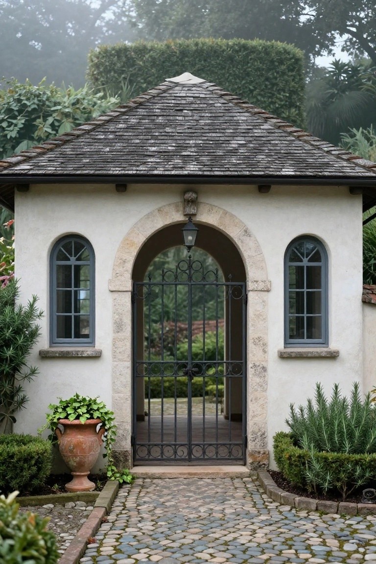 Small beige stucco pavilion with peaked slate roof, arched stone entryway holding black wrought iron gate, matching arched windows, potted ivy plant and shrubs nearby, pebble path leading in, misty garden background.