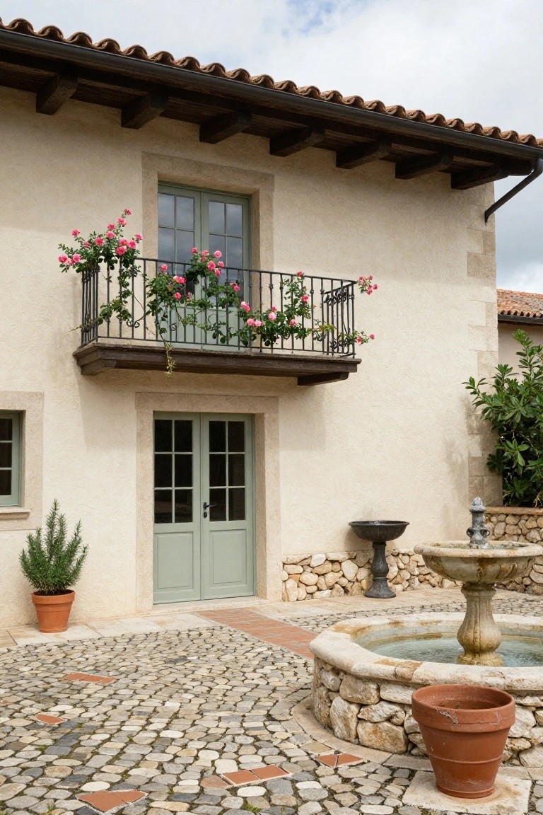Beige stucco house exterior with terracotta tile roof, exposed wood beams, wrought iron balcony draped in pink roses, double green doors, potted rosemary, stone fountain on pebble and brick courtyard paving.