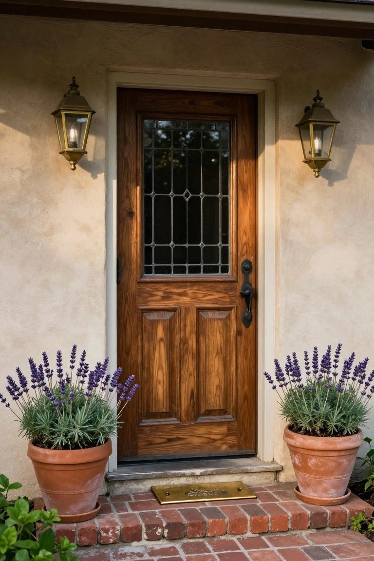 Beige stucco wall with a wooden front door featuring leaded glass panels and black hardware, flanked by two terracotta pots of lavender plants, brass lanterns on each side, and a brick entry step.