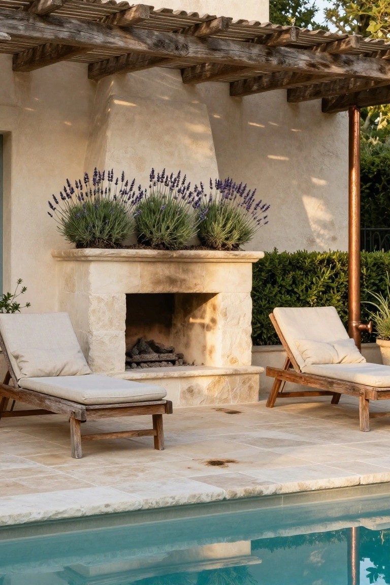Beige stucco wall with built-in rustic stone outdoor fireplace on a tiled poolside patio, wooden lounge chairs, lavender plants in pots, wooden pergola overhead, and greenery.