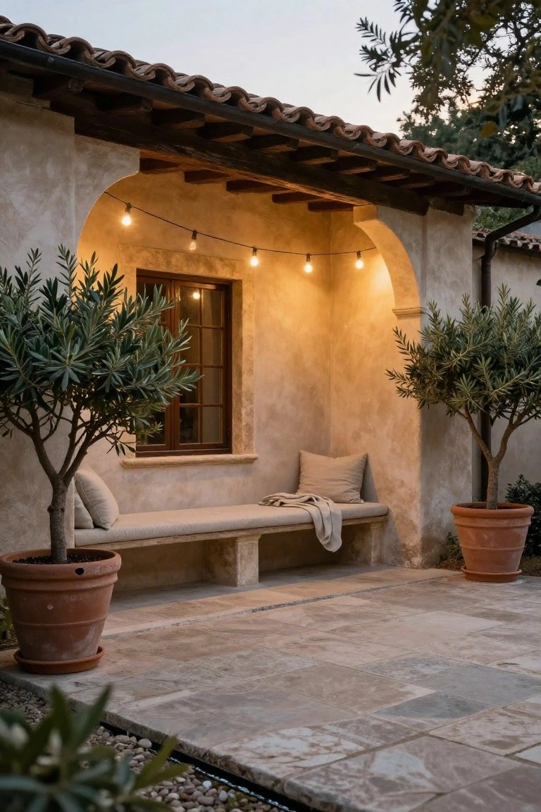 Arched stucco porch alcove featuring a built-in cushioned stone bench flanked by potted olive trees, with string lights overhead, a window, wood beams, terracotta roof tiles, and stone pavers in front.