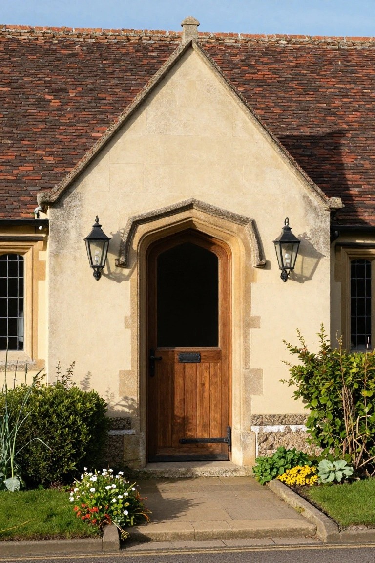 Beige stone house facade with gabled red tile roof, arched dark wooden front door, black lanterns flanking the entry, leaded windows, and low flower beds along the front path.