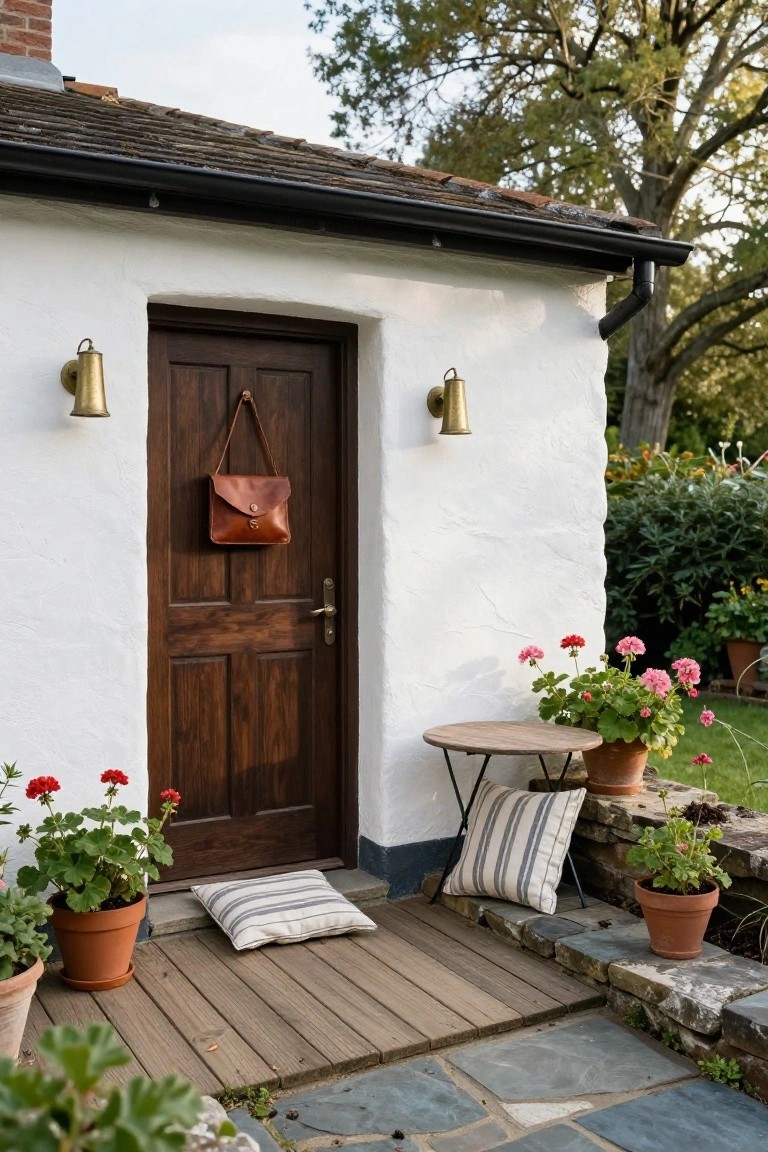 White stucco house wall with arched dark wood front door, brass lanterns on each side, leather handbag hanging on door, potted red geraniums, small wooden table with striped pillows on wooden porch, stone steps, and garden plantings.