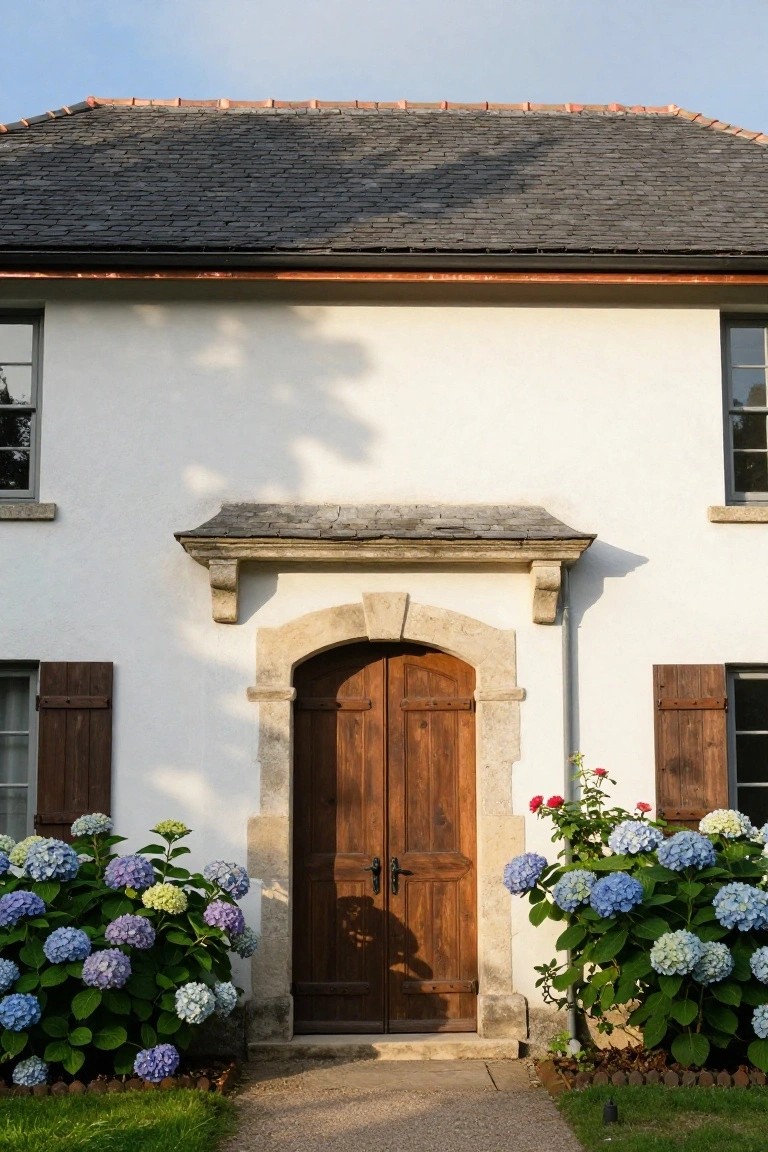 White stucco house facade with slate roof, arched stone surround on wooden double front doors, brown shutters on windows, and hydrangea bushes flanking a stone path.
