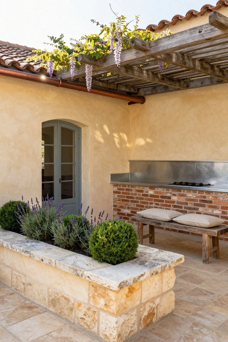 Outdoor patio featuring a weathered wood pergola covered in purple wisteria, stainless steel kitchen counter on brick base next to a stucco wall with arched green door, stone planter box with lavender and boxwood plants, wooden bench with beige cushions, and terracotta tiled floor and roof.
