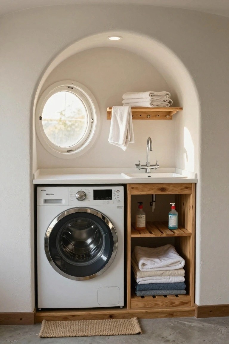 White front-loading washing machine and sink integrated into a wooden cabinet under an arched white wall with a round window, towels on shelves above and below, and cleaning bottles stored inside.