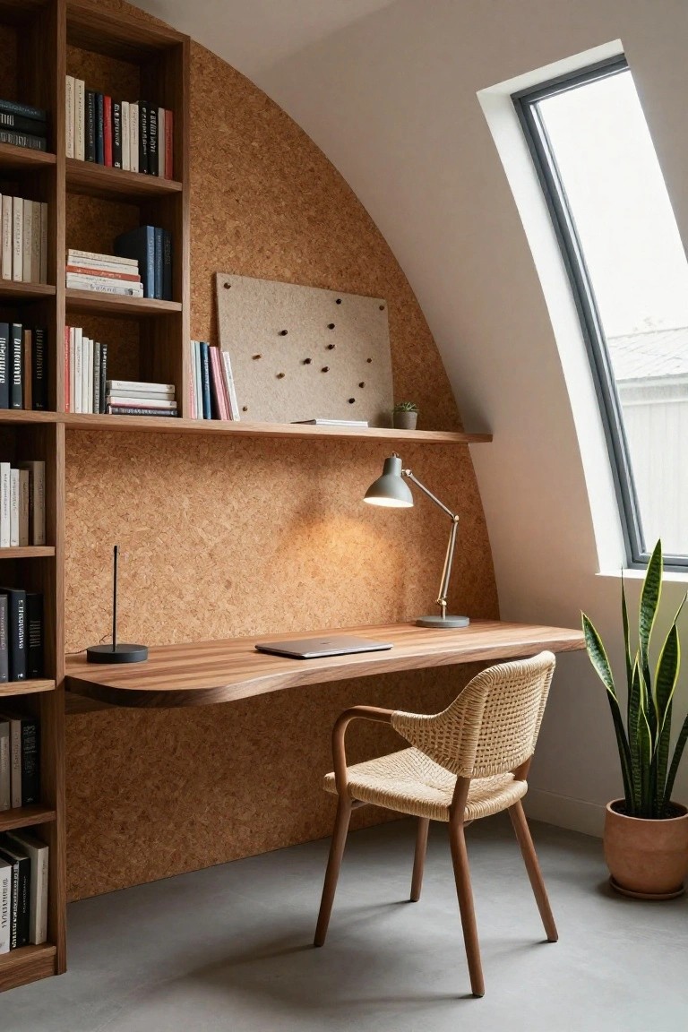 Curved orange cork wall with integrated wooden bookshelves on left, floating walnut desk with MacBook and lamp, rattan chair, snake plant in terracotta pot, and skylight window in white room.