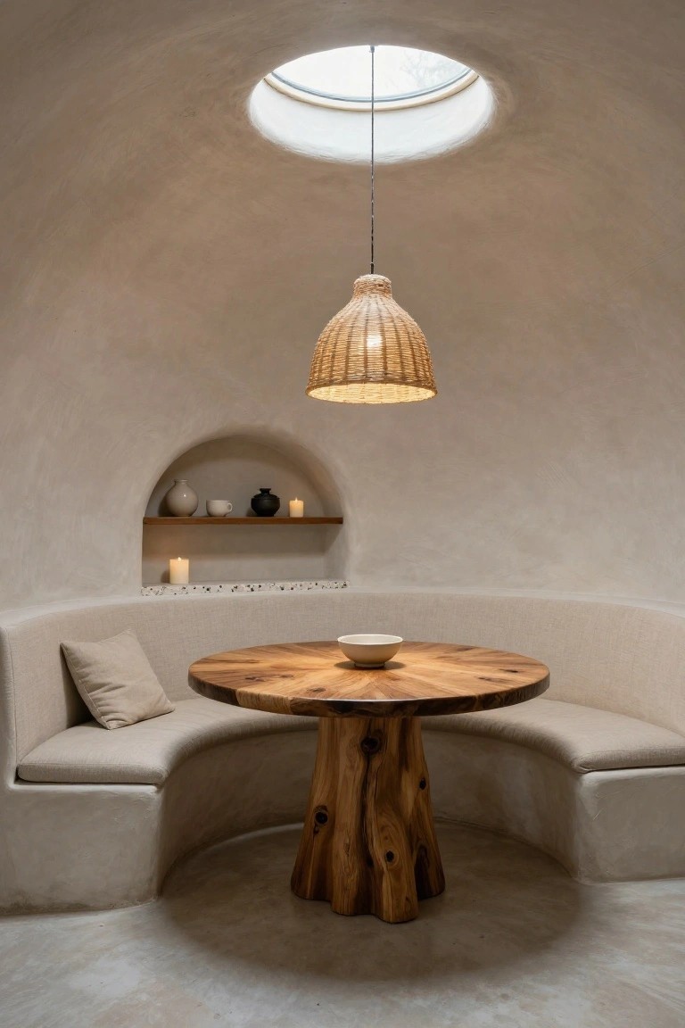 Dome-shaped interior with curved beige banquettes around a round wooden table, woven pendant lamp hanging from the ceiling, arched niche holding pottery and candles, and a skylight above.