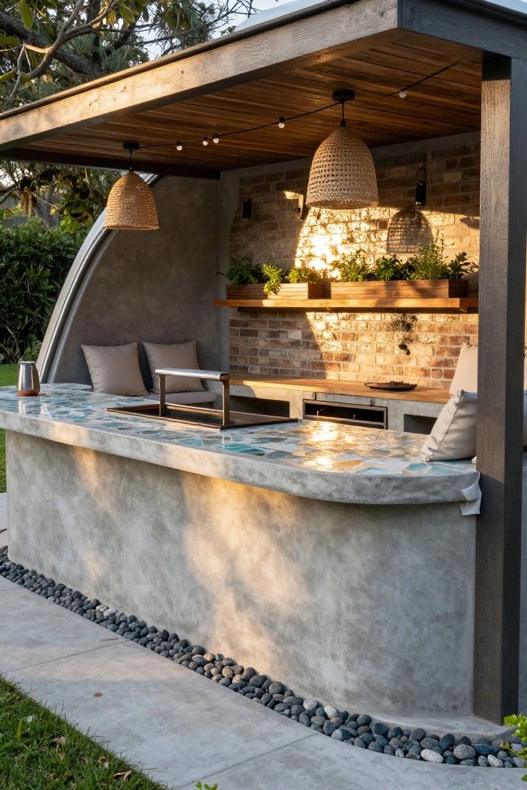 Curved gray concrete bar counter with blue and green mosaic tiles under wooden roof with rattan pendant lights, beige cushions on seats, plants on shelves, stucco curved wall, and pebble ground border in garden setting.