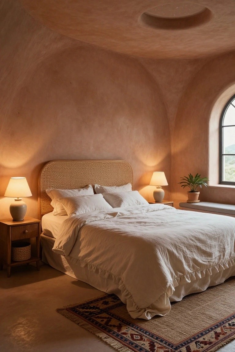 Bedroom interior in a dome home with curved terracotta plaster walls and ceiling, rattan headboard bed dressed in white linens, two ceramic lamps on wooden nightstands, potted plant by arched window, and woven rug on floor.