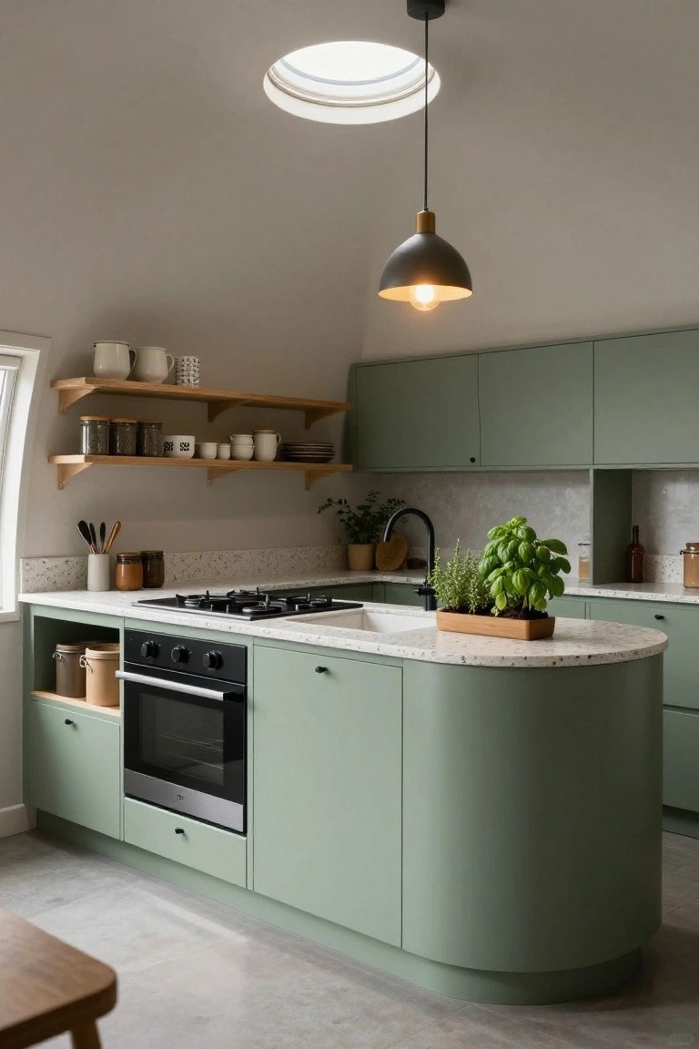 Sage green curved kitchen cabinets and peninsula island with white terrazzo countertop, black gas stove and oven, wooden open shelves with ceramics and jars, potted herbs, black faucet, skylight above, and concrete floor in a rounded room.