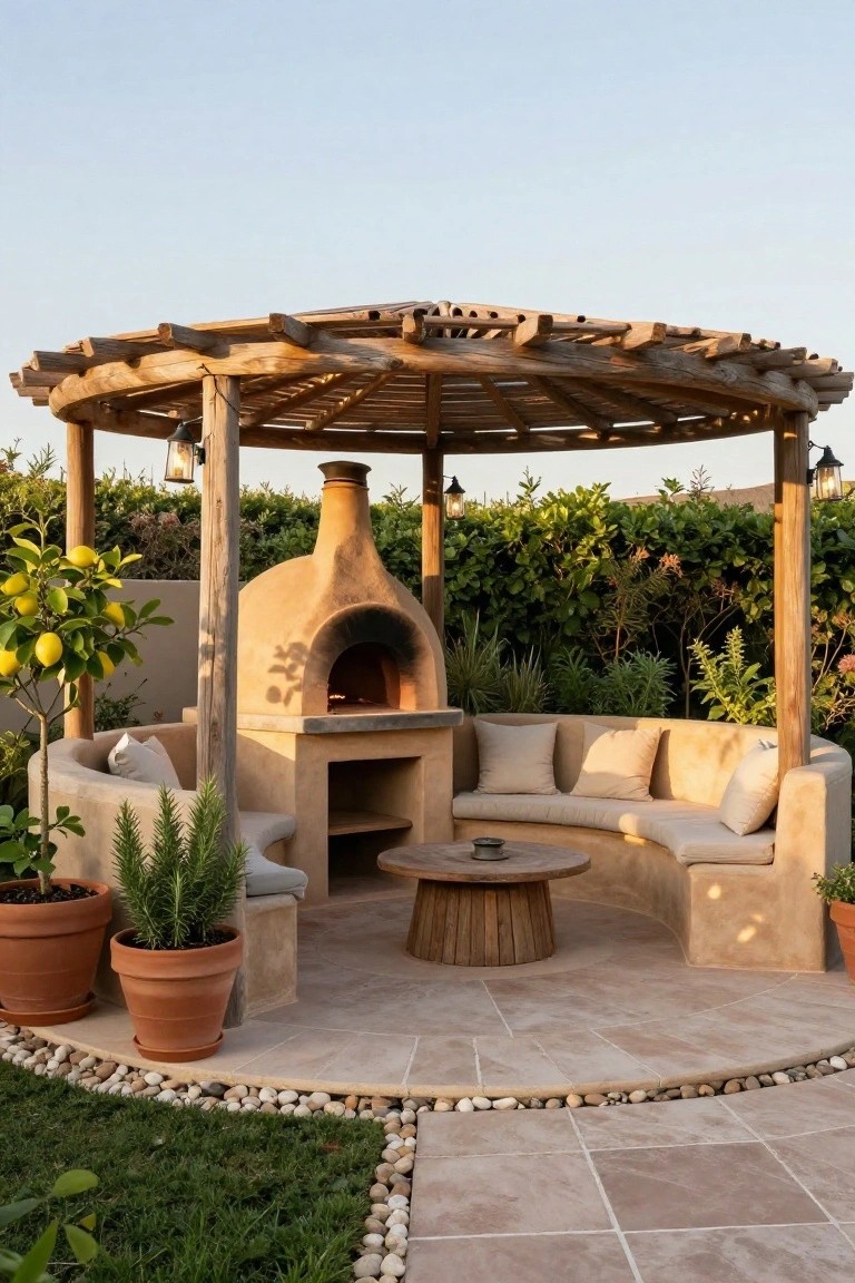 Wooden pergola enclosing curved beige stucco bench seating integrated with a dome-shaped wood-fired pizza oven, low round table, potted plants, lanterns, tiled patio, and surrounding greenery.