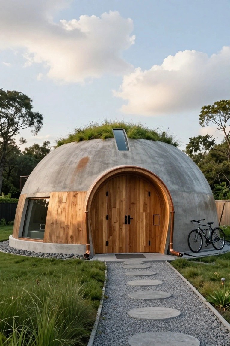Gray concrete dome-shaped home with grass-covered roof, arched wooden entry door, glass window, stone stepping path, bicycle nearby, and surrounding grass and trees under partly cloudy sky.