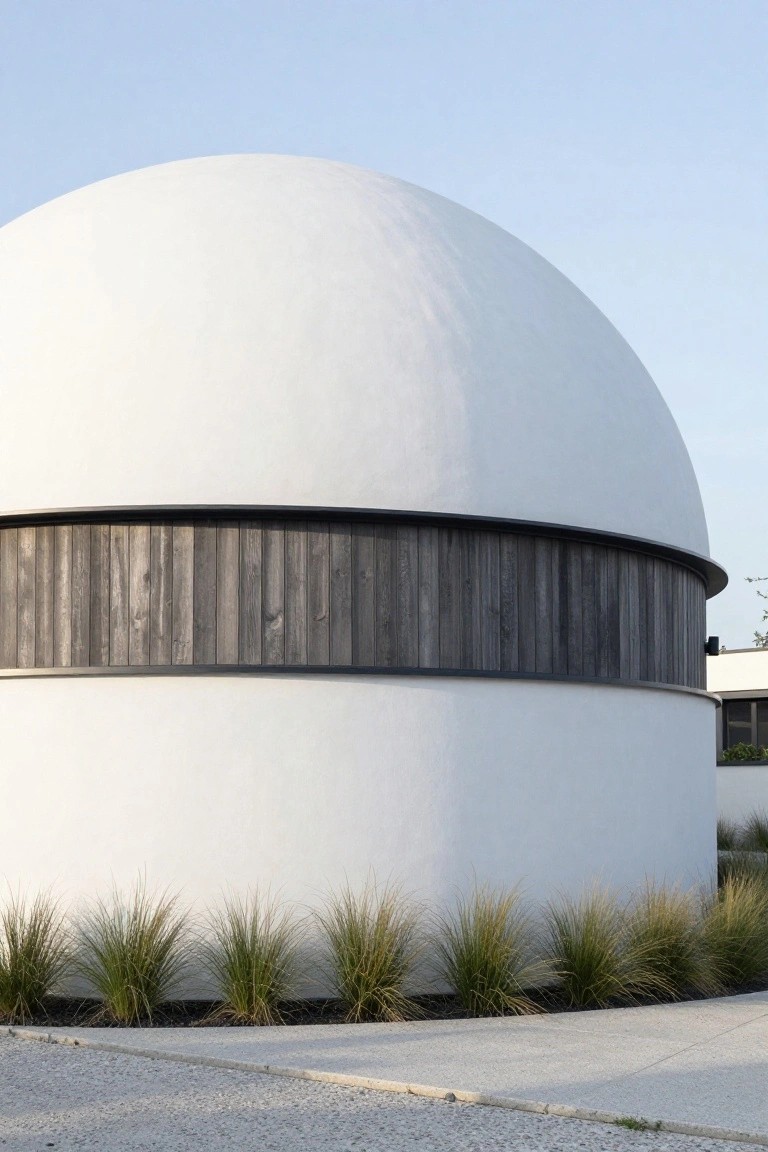 White dome-shaped building with horizontal band of dark wood cladding at mid-height, flanked by ornamental grasses and a pebbled path under a blue sky.