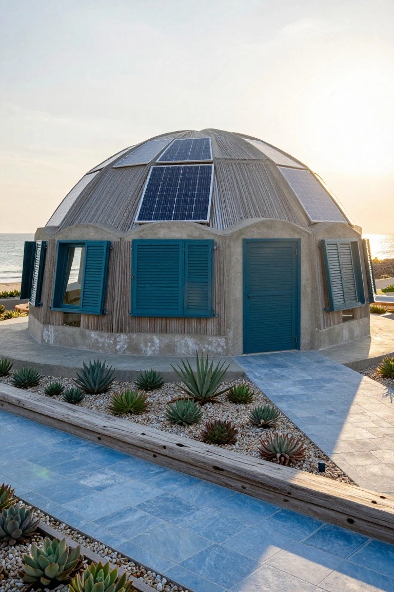 A geodesic dome home with solar panels on sections of the curved thatched roof, turquoise shutters on windows, a turquoise door, agave plants in beds, and a blue tiled path, set near the ocean at sunset.