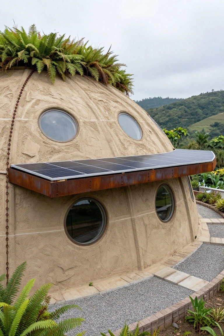 Tan dome-shaped house with textured walls, round porthole windows, ferns growing on the roof, solar panels on a rusted metal awning, gravel path, and surrounding plants against green hills.