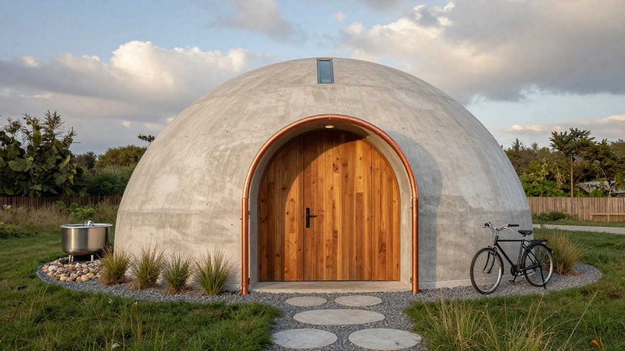 Gray concrete dome-shaped home with grass-covered roof, arched wooden entry door, glass window, stone stepping path, bicycle nearby, and surrounding grass and trees under partly cloudy sky.