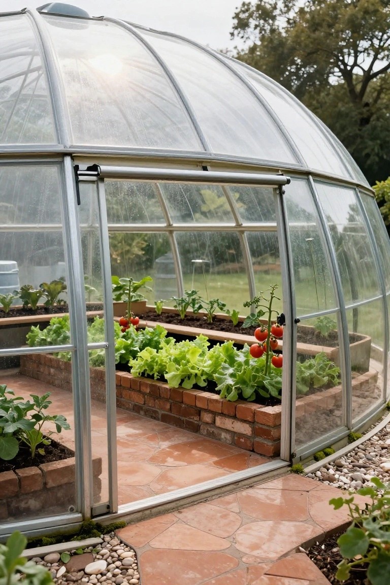 Geodesic dome greenhouse with open door, interior raised brick planters growing lettuce, tomatoes, and other vegetables, exterior gravel path and surrounding trees.
