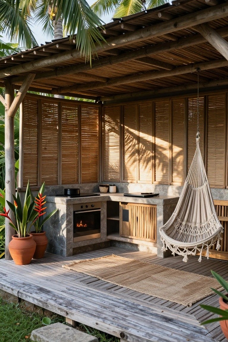 Outdoor kitchen with gray stone countertop, gas burners, oven, and bamboo cabinets under a thatched bamboo roof with slatted walls, a white hammock hanging nearby, potted plants, and wooden deck in a tropical setting.