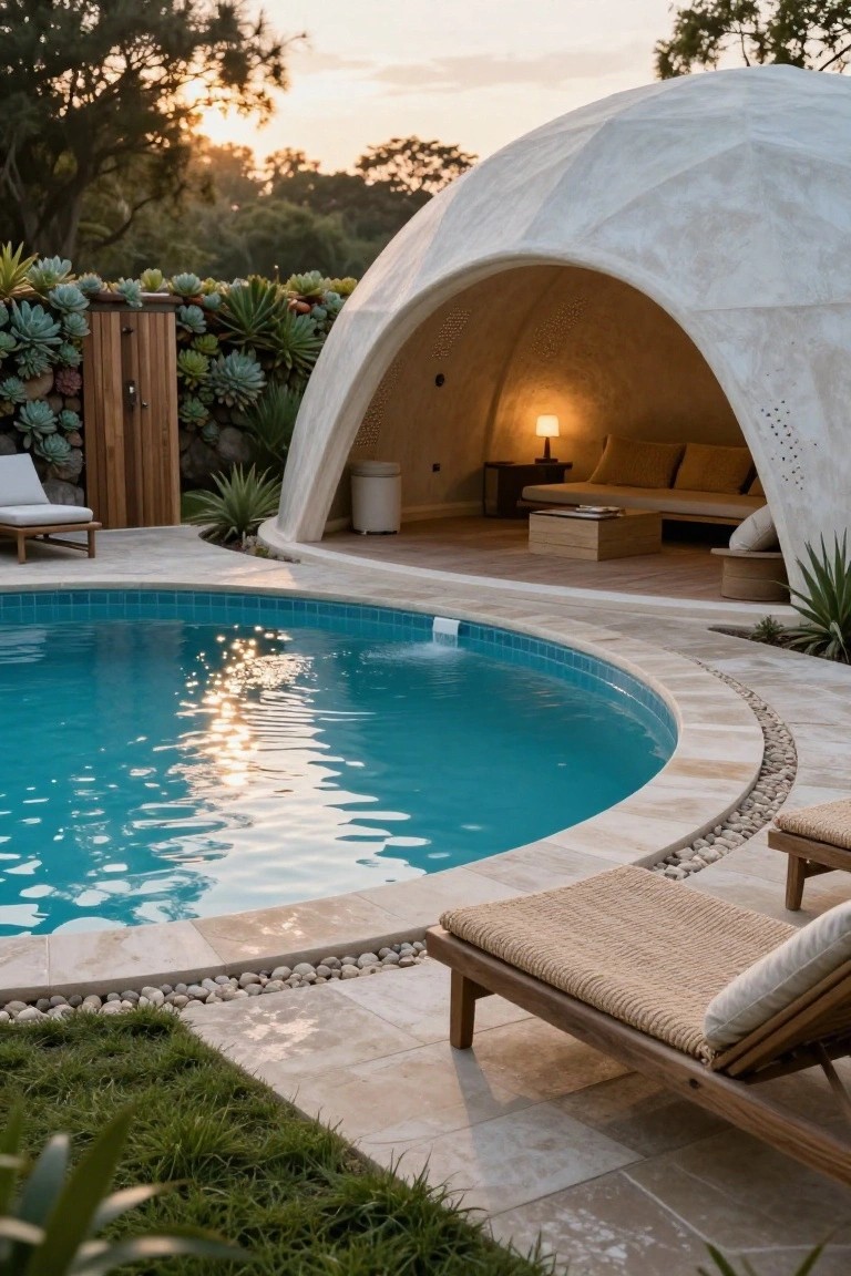 White curved dome structure with open entrance containing outdoor seating and a lamp, positioned next to a round blue-tiled pool edged in stone, with lounge chairs, plants, and trees nearby.