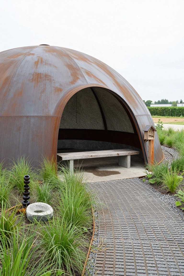 Rusted corten steel dome pavilion with arched open entrance containing a wooden bench, surrounded by ornamental grasses, a stone basin, and gravel path.