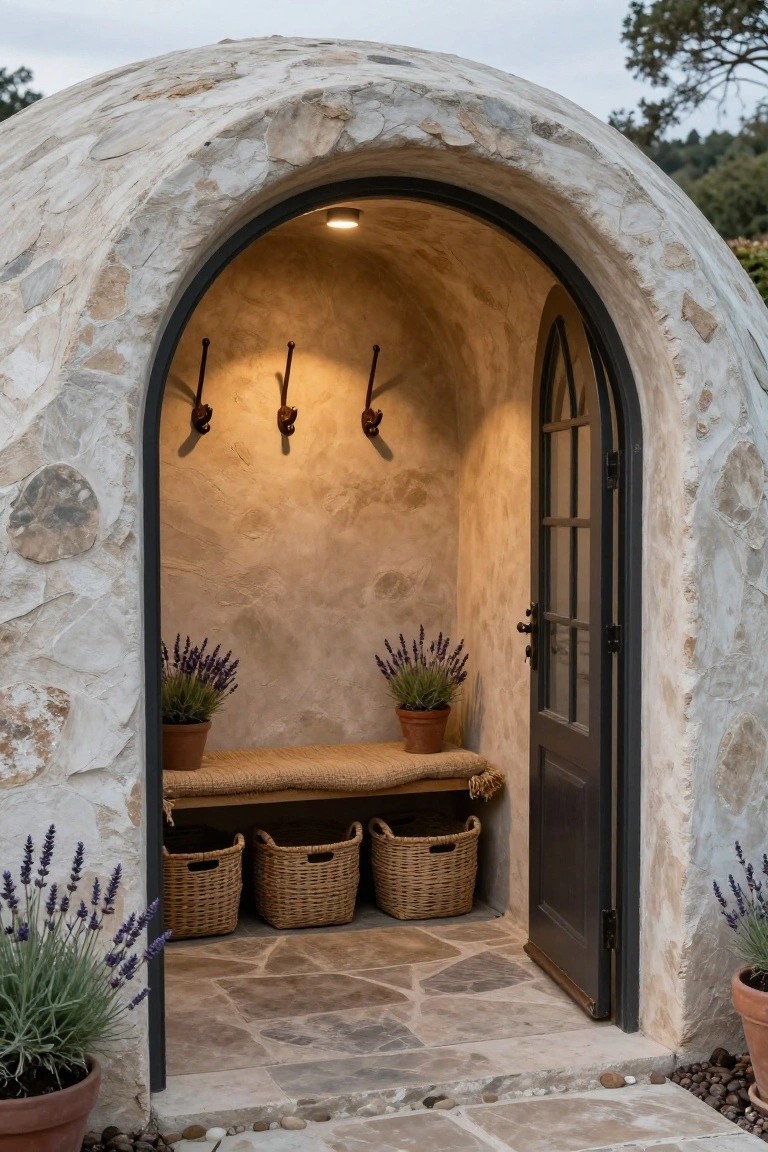 Curved beige stone archway entrance to a dome structure with an open dark wooden door revealing interior hooks, bench, lavender plants in pots, and woven baskets on stone steps surrounded by gravel and potted plants.