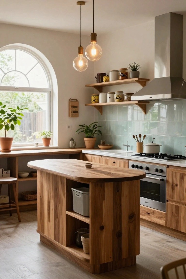 A light-filled kitchen with an oval wooden island on casters, natural wood cabinets, teal subway tile backsplash, potted plants by an arched window, pendant lights, and a gas range.