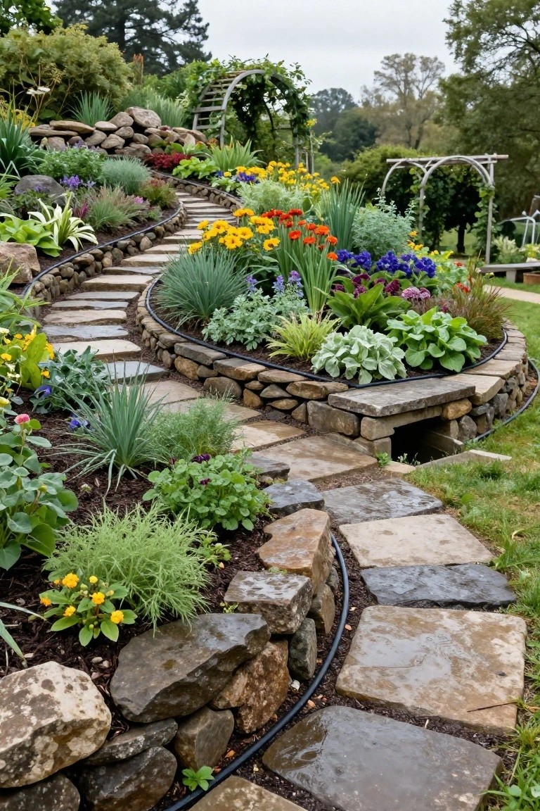 A curved flagstone path winds through terraced garden beds retained by natural stone walls, surrounded by colorful flowers, agave plants, and drip irrigation lines.