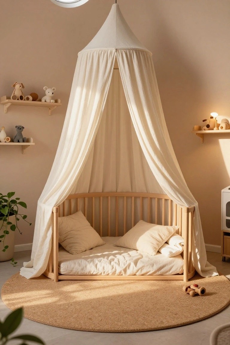 A beige child's bedroom with a rounded wooden toddler bed under a white fabric canopy, white pillows on the mattress, wooden shelves holding stuffed animals and toys, potted plants, a toy kitchen, and a round seagrass rug.