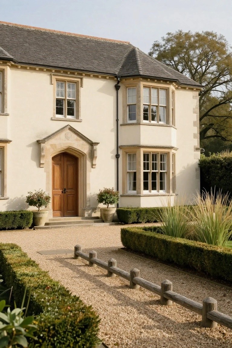 Cream stucco Tudor-style house exterior featuring a slate roof, bay window, arched stone porch with wooden double doors, potted shrubs, boxwood hedges lining a gravel path, and wooden log bollards.