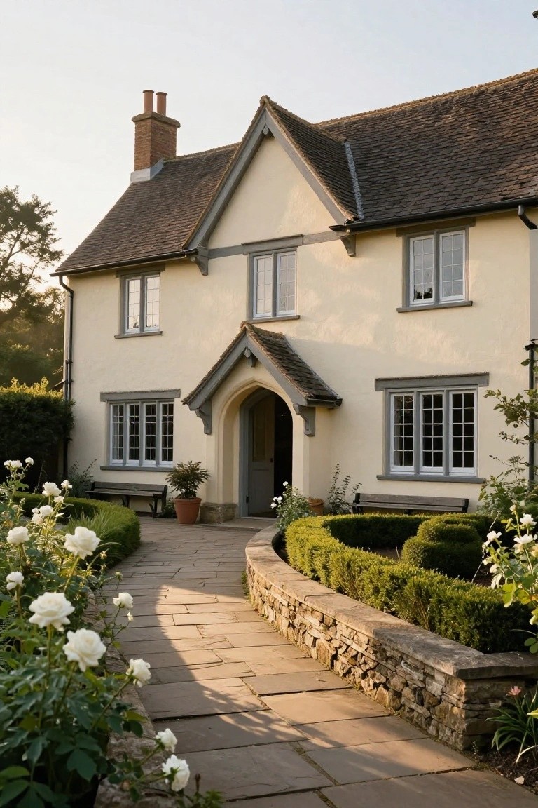 Cream stucco Tudor house with gray timber framing, two brick chimneys, multiple multipane windows, arched porch entry, curved stone pathway edged by white roses and boxwood hedges, benches on either side.