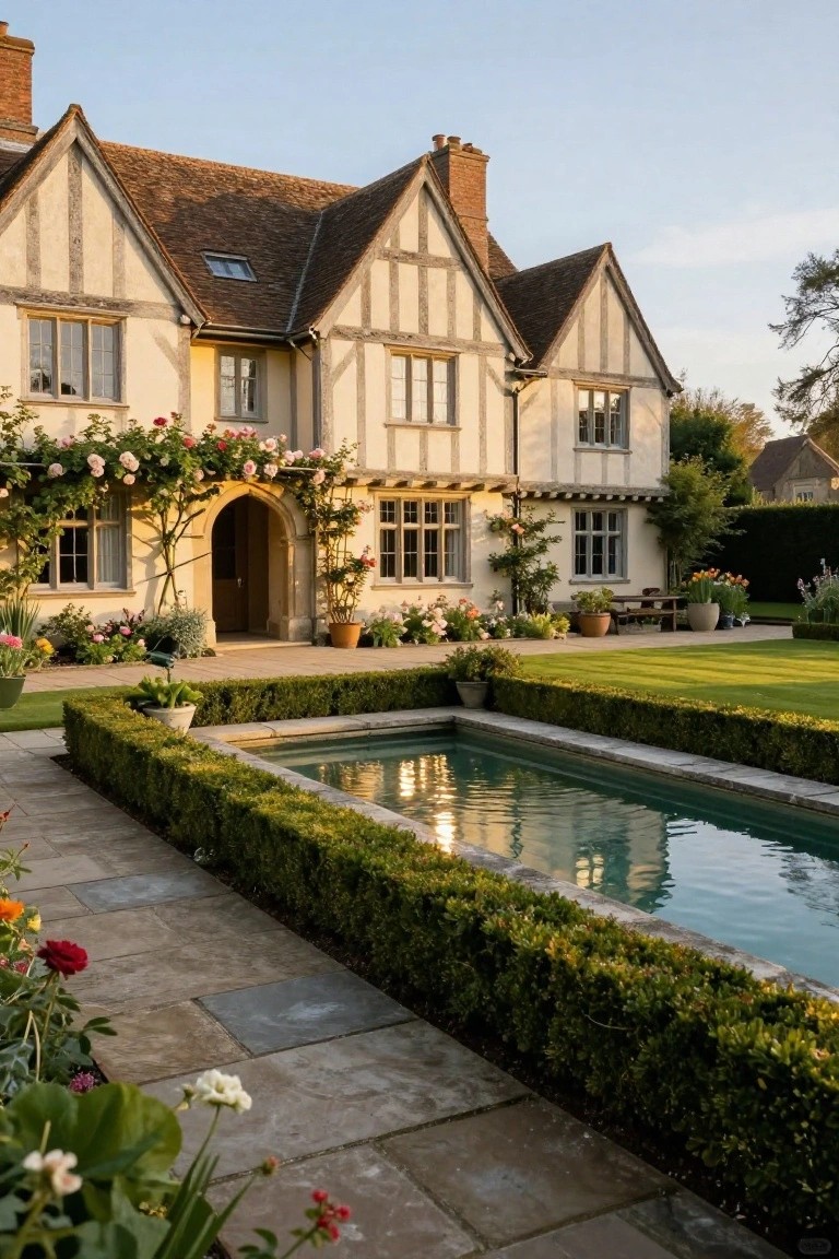 A cream Tudor-style house with dark timber framing and steeply gabled roofs, an arched stone entryway covered in pink climbing roses, a rectangular pool edged by low boxwood hedges, and colorful flower beds along a stone walkway.