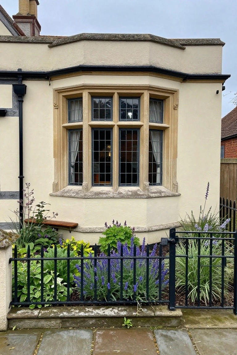 Cream stucco house exterior with a projecting bay window featuring dark frames, leaded glass panes, and stone mullions, bordered by a garden bed of lavender and other plants behind a black iron fence.