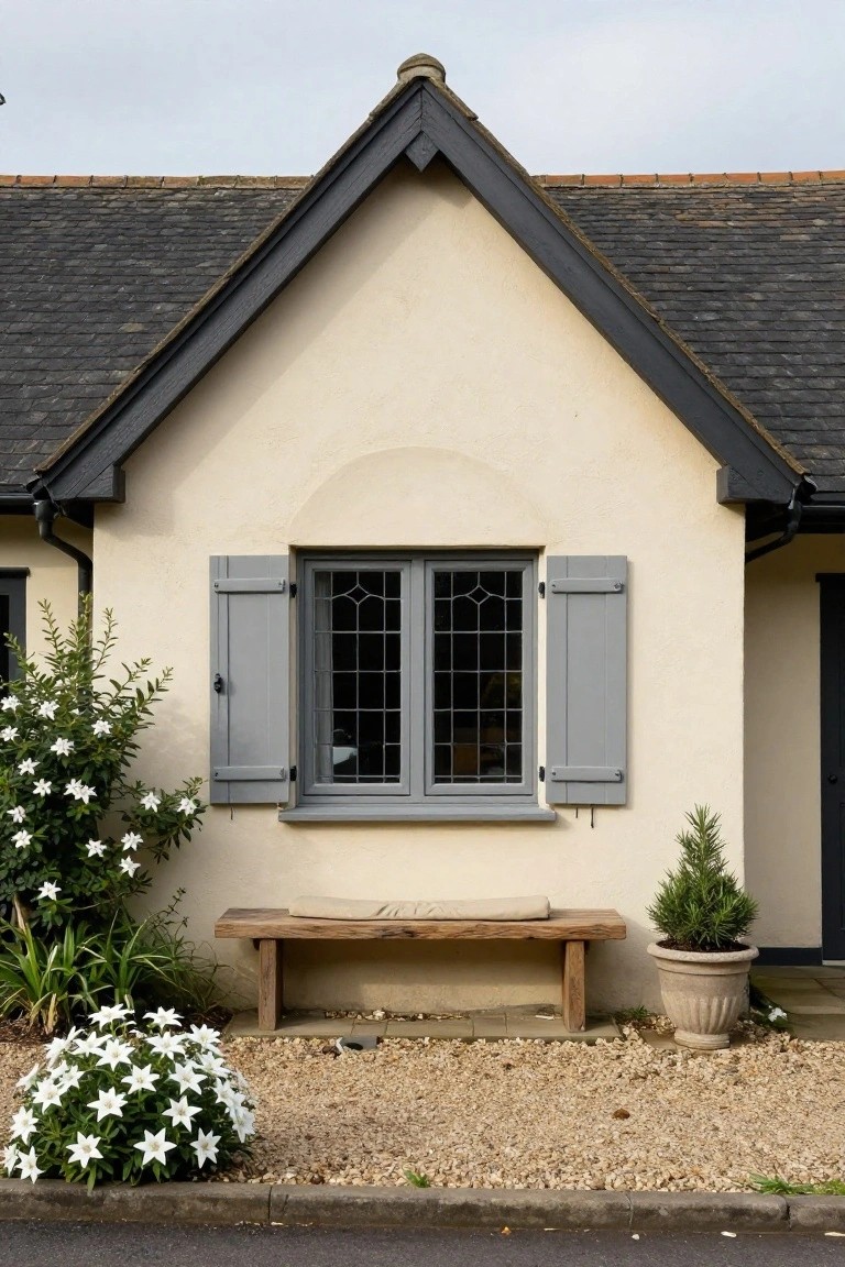 Cream stucco Tudor-style house facade with gray shutters framing a leaded glass window, wooden bench, white-flowering shrubs, conifer in pot, gravel ground cover, and dark roofline.