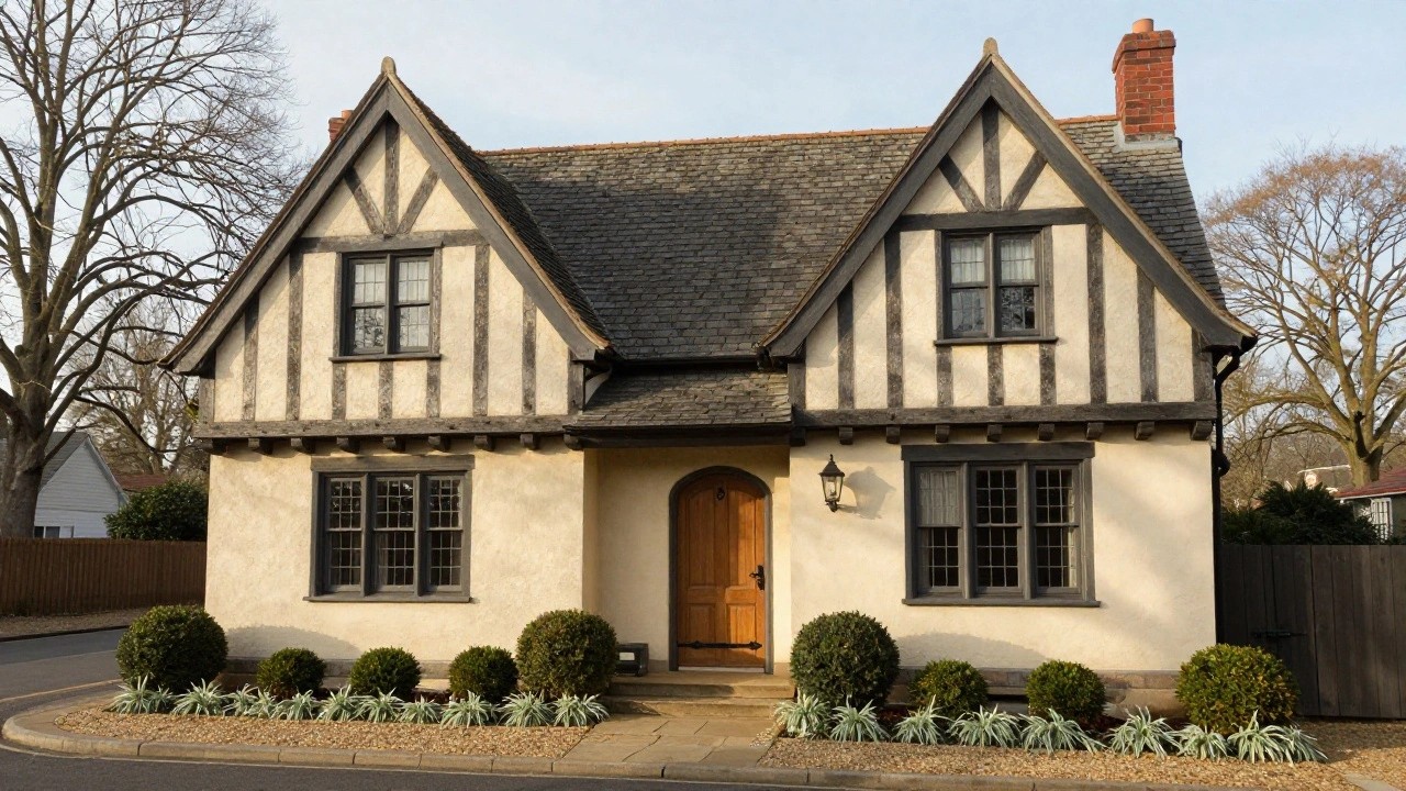 A two-story cream stucco Tudor house with black half-timber framing, gray slate roof, red brick chimney, orange arched front door with lanterns, leaded windows, and low hedges in a gravel front yard.