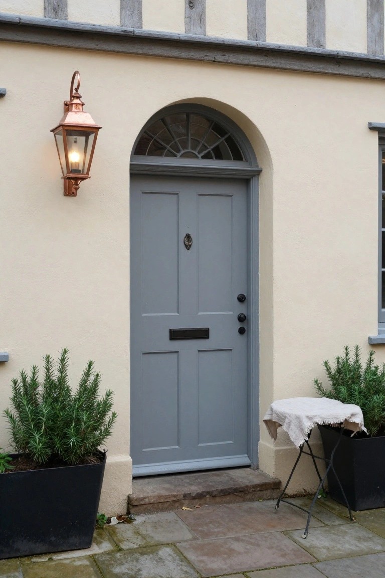 Gray paneled front door with fanlight window on cream half-timbered wall, copper lantern light to the left, potted rosemary plants flanking a small table on stone steps.